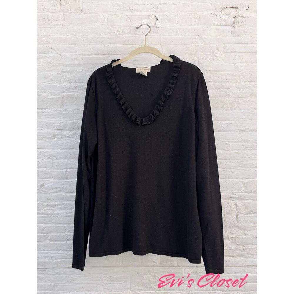 Worthington Lightweight Knit Sweater Women's Black Ruffled V Neck Long Sleeve 1X